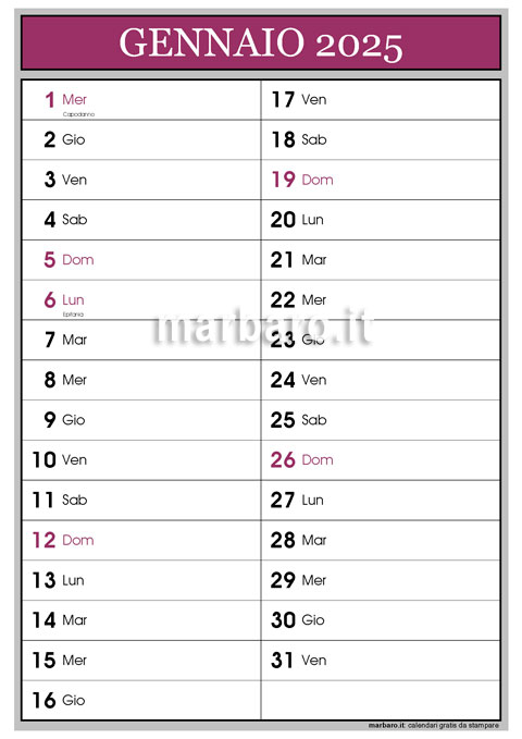 Calendario mensile 2025 in PDF con le festività