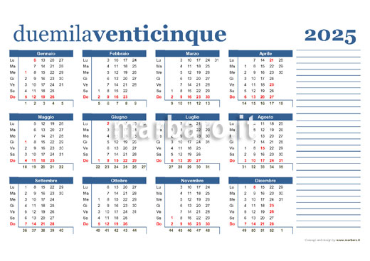 2 Giugno 2025 Che Giorno è Calendario annuale 2025 da stampare con i numeri delle settimane