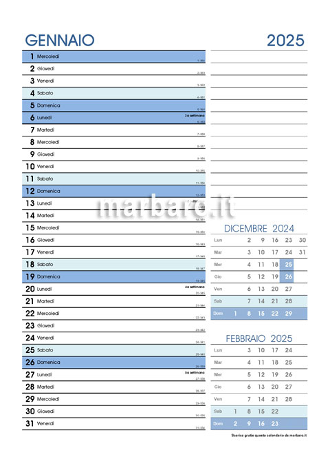 Calendario mensile 2025 PDF da stampare