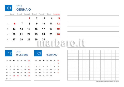Calendario mensile 2025 in PDF stampabile