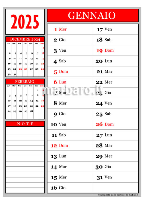Calendario mensile 2025 stampabile