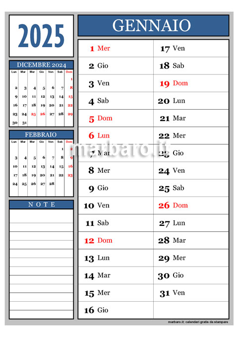Calendario mensile 2025 stampabile in A4