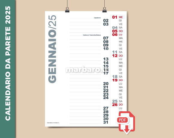 Calendario 2025 da parete in PDF