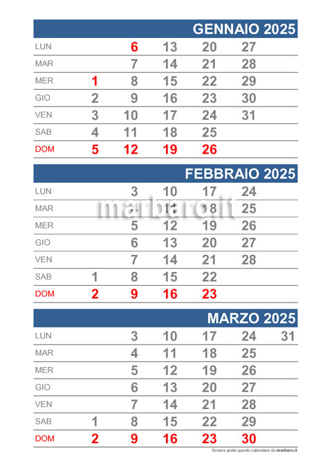 Calendario mensile 2025 PDF 3 mesi per pagina
