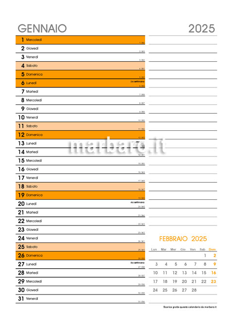 Calendario mensile 2025 PDF da stampare