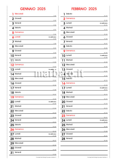 Calendario mensile 2025 PDF 2 mesi per pagina